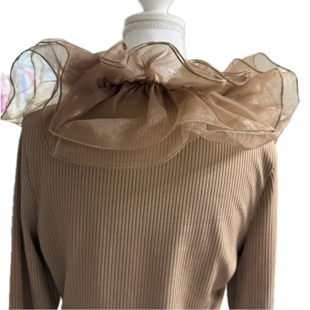 ZARA Ribbed Crop Top Large Taupe Organza Ruffle Long Sleeve Romantic. - Picture 8 of 11